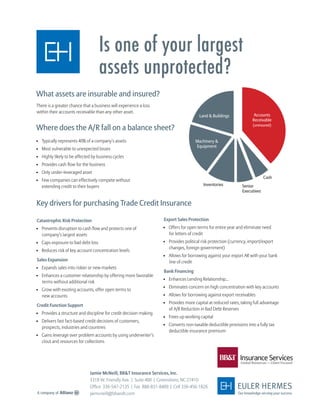 What assets are insurable and insured?
There is a greater chance that a business will experience a loss
within their accounts receivable than any other asset.
Where does the A/R fall on a balance sheet?
•	 Typically represents 40% of a company’s assets
•	 Most vulnerable to unexpected losses
•	 Highly likely to be affected by business cycles
•	 Provides cash flow for the business
•	 Only under-leveraged asset
•	 Few companies can effectively compete without
	 extending credit to their buyers
Catastrophic Risk Protection
•	 Prevents disruption to cash flow and protects one of
company’s largest assets
•	 Caps exposure to bad debt loss
•	 Reduces risk of key account concentration levels
Sales Expansion
•	 Expands sales into riskier or new markets
•	 Enhances a customer relationship by offering more favorable
terms without additional risk
•	 Grow with existing accounts, offer open terms to
new accounts
Credit Function Support
•	 Provides a structure and discipline for credit decision making
•	 Delivers fast fact-based credit decisions of customers,
prospects, industries and countries
•	 Gains leverage over problem accounts by using underwriter’s
clout and resources for collections
Export Sales Protection
•	 Offers for open terms for entire year and eliminate need
for letters of credit
•	 Provides political risk protection (currency, import/export
changes, foreign government)
•	 Allows for borrowing against your export AR with your bank
line of credit
Bank Financing
•	 Enhances Lending Relationship...
•	 Eliminates concern on high concentration with key accounts
•	 Allows for borrowing against export receivables
•	 Provides more capital at reduced rates, taking full advantage
of A/R Reduction in Bad Debt Reserves 	
•	 Frees up working capital
•	 Converts non-taxable deductible provisions into a fully tax
deductible insurance premium
Key drivers for purchasing Trade Credit Insurance
Is one of your largest
assets unprotected?
Accounts
Receivable
(uninsured)
Land & Buildings
Machinery &
Equipment
Inventories Senior
Executives
Cash
Jamie McNeill, BB&T Insurance Services, Inc.
3318 W. Friendly Ave. | Suite 400 | Greensboro, NC 27410
Office 336-547-2135 | Fax 888-831-8409 | Cell 336-456-1826
jwmcneill@bbandt.com
 