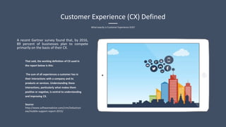 Customer Experience (CX) Defined
What exactly is Customer Experience (CX)?
That said, the working definition of CX used in
the report below is this:
The sum of all experiences a customer has in
their interactions with a company and its
products or services. Understanding these
interactions, particularly what makes them
positive or negative, is central to understanding
and improving CX.
Source:
http://www.softwareadvice.com/crm/industryvi
ew/mobile-support-report-2015/
A recent Gartner survey found that, by 2016,
89 percent of businesses plan to compete
primarily on the basis of their CX.
 