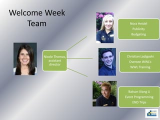 Welcome Week
Team
Nicole Thomas,
assistant
director
Nora Heidel
Publicity
Budgeting
Christian Ladigoski
Oversee WWL’s
WWL Training
Batson Xiang Li
Event Programming
END Trips
 