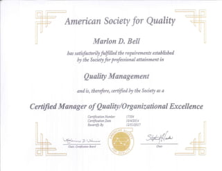 Certified Manager of Quality Org Excellence Certificate