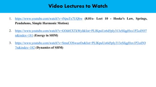 Video Lectures to Watch
1. https://www.youtube.com/watch?v=tNpuTx7UQbw (8.01x- Lect 10 - Hooke's Law, Springs,
Pendulums, Simple Harmonic Motion)
2. https://www.youtube.com/watch?v=GOdrEXTkWyI&list=PLIKpuUo6d5pIy313eSfqgHxx1P2cd5O7
n&index=181 (Energy in SHM)
3. https://www.youtube.com/watch?v=SmuCOSwuoOs&list=PLIKpuUo6d5pIy313eSfqgHxx1P2cd5O
7n&index=182 (Dynamics of SHM)
 