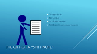 THE GIFT OF A “SHIFT NOTE”
 Straight time
 No school
 Accident review
 Fieldtrip (if the employee clocks in)
 