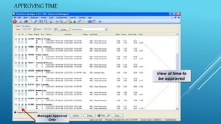 APPROVING TIME
View of time to
be approved
Manager Approval
Only
 