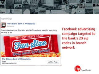Facebook advertising
campaign targeted to
the bank’s 20 zip
codes in branch
network
 