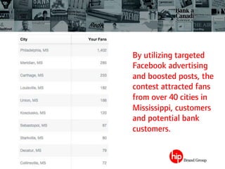 By utilizing targeted
Facebook advertising
and boosted posts, the
contest attracted fans
from over 40 cities in
Mississippi, customers
and potential bank
customers.
 