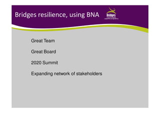 Bridges resilience, using BNA
Great Team
Great Board
2020 Summit
Expanding network of stakeholders
 