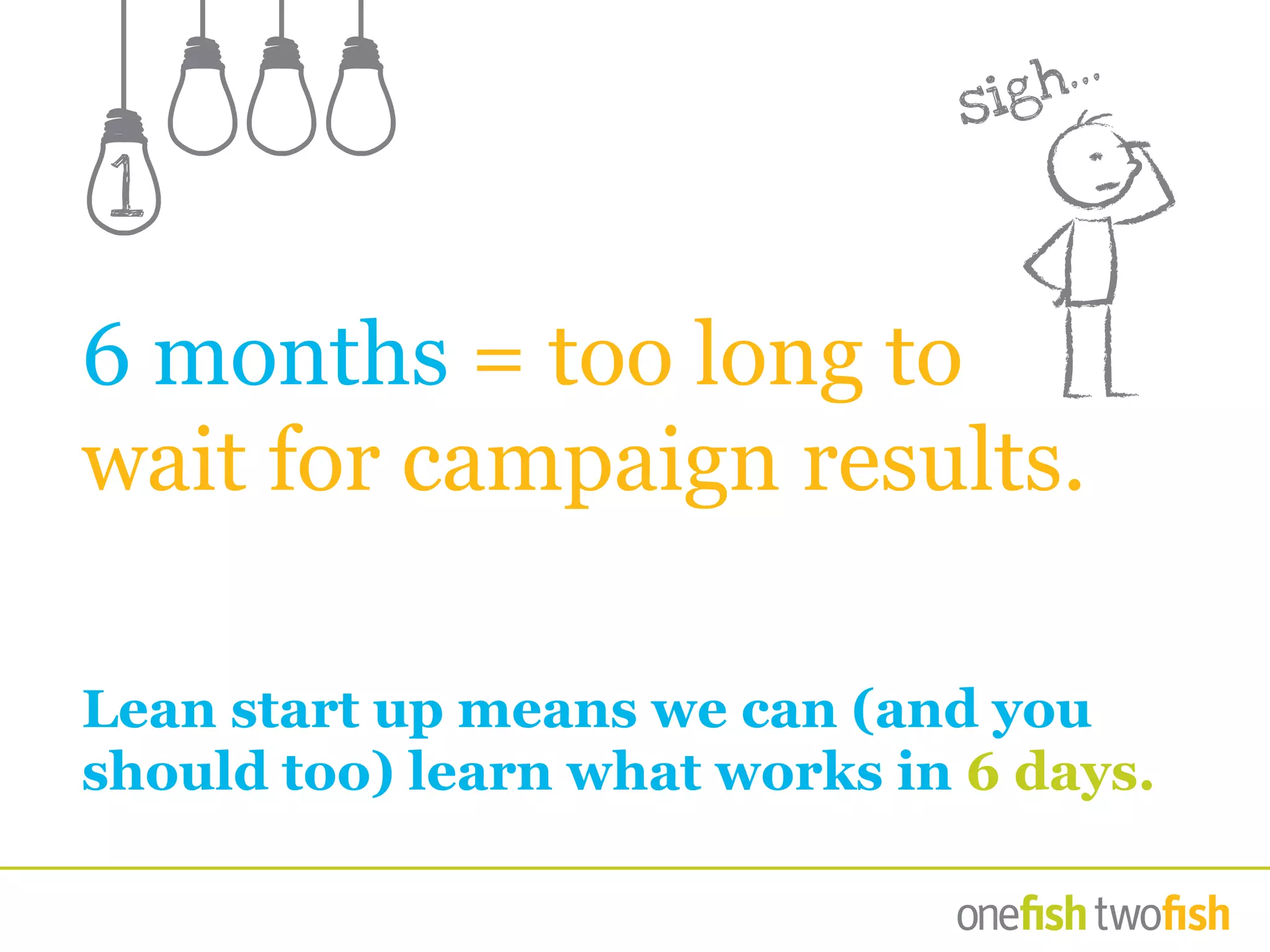 6 months = too long to
wait for campaign results.
Lean start up means we can (and you
should too) learn what works in 6 days.
1
sigh...
 