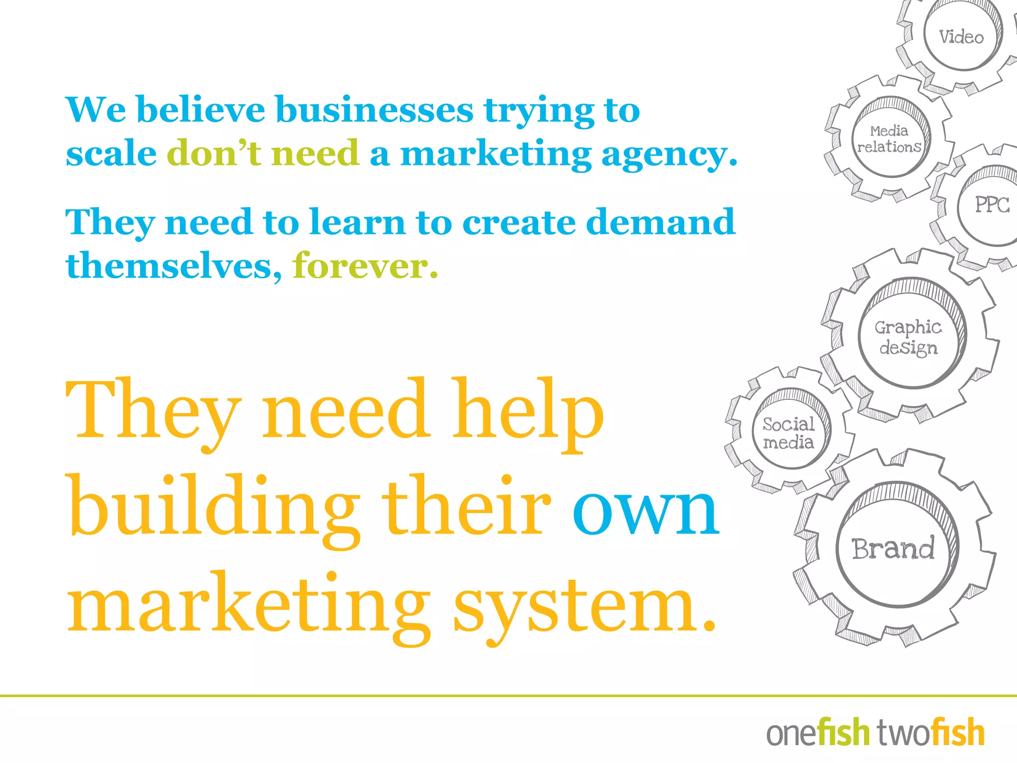 They need help
building their own
marketing system.
We believe businesses trying to
scale don’t need a marketing agency.
They need to learn to create demand
themselves, forever.
Brand
Social
media
Graphic
design
Media
relations
Video
PPC
 