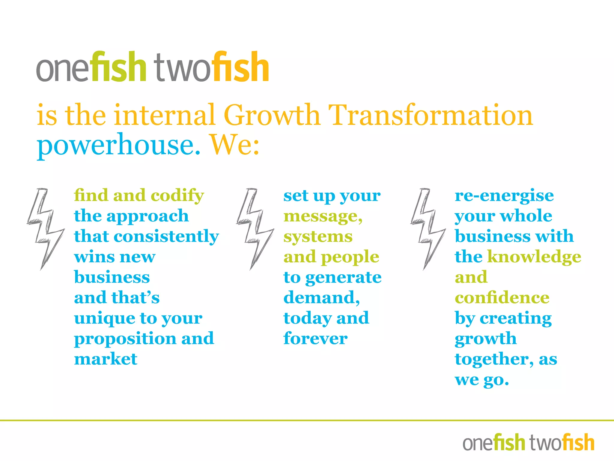 is the internal Growth Transformation
powerhouse. We:
find and codify
the approach
that consistently
wins new
business
and that’s
unique to your
proposition and
market
set up your
message,
systems
and people
to generate
demand,
today and
forever
re-energise
your whole
business with
the knowledge
and
confidence
by creating
growth
together, as
we go.
 