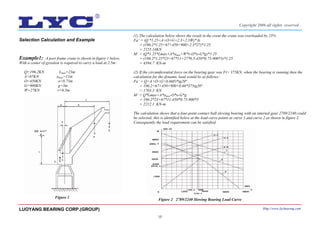 16
Selection Calculation and Example
Example1: A port frame crane is shown in figure 1 below,
With a center of gyration is required to carry a load at 2.5m :
Q=196.2KN Lmax=23m
A=67KN amax=11m
O=450KN o=0.75m
G=900KN g=3m
W=27KN r=6.5m
(1) The calculation below shows the result in the event the crane was overloaded by 25%
Fa’ = (Q *1.25+A+O+G+2.3+2.3W)* fs
= (196.2*1.25+67+450+900+2.3*27)*1.25
= 2155.14KN
M’ = (Q*1.25*Lmax+A*amax+W*r-O*o-G*g)*1.25
= (196.2*1.25*23+67*11+27*6.5-450*0.75-900*3)*1.25
= 4394.7 KN-m
(2) If the circumferential force on the bearing gear was Ft= 375KN, when the bearing is running then the
calculation for the dynamic load would be as follows:
Fa’ = Q+A+O+G+0.66Ft*tg20°
= 196.2+67+450+900+0.66*375tg20°
= 1703.3 KN
M’ = Q*Lmax+A*amax-O*o-G*g
= 196.2*23+67*11-450*0.75-900*3
= 2212.1 KN-m
The calculation shows that a four-point contact ball slewing bearing with an internal gear 2789/2240 could
be selected; this is identified below at the load curve points at curve 1 and curve 2 as shown in figure 2.
Consequently the load requirement can be satisfied.
Figure 2 2789/2240 Slewing Bearing Load Curve
Figure 1
LUOYANG BEARING CORP.(GROUP) Http://www.lycbearing.com
Copyright 2006 all rights reserved
 