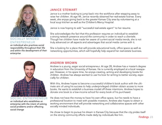 23Findings
Janice is a mother looking to jump back into the workforce after stepping away to
raise her children. At age 44, Janice recently obtained her real-estate license. Every
week, she enjoys giving back to the greater Kansas City area by volunteering at a
local soup kitchen as well as the Children’s Mercy Hospital.
Janice is now hoping to add “successful real-estate agent” to her resume.
She acknowledges the fact that this profession requires an individual to establish
a strong network presence around the community in order to reach a clientele.
Though her children have made her aware of current social media trends, she is not
truly advanced on all aspects and advantages that social media carries with it.
She is looking for a place that will provide educational tools, office space as well as
networking opportunities, which will hopefully help expand her real-estate business.
SOCIALLY MINDED
ENTREPRENEUR
an individual who practices social
responsibility throughout their life
and within the development of their
enterprise
JANICE STEWART
Andrew is a young, eager social entrepreneur. At age 28, Andrew has a master’s degree
in education from the University of Kansas. He is currently employed at a local newspa-
per. However, in his spare time, he enjoys creating, writing and developing books for
children. Andrew has always wanted to use his love for writing to better society, espe-
cially for children.
With this, Andrew hopes to become a successful children’s book author with the ulti-
mate aim of using his success to help underprivileged children obtain access to more
books. He wants to establish a business model off these intentions. Andrew hopes to
donate one book to a low-income school for every book of his purchased.
He does not have the money to have his own office space, but he needs to have a
professional location to meet with possible investors. Andrew also hopes to obtain a
working environment that will provide networking and collaborative spaces with other
socially minded individuals.
He chose to begin to pursue his dream in Kansas City because that the city prides itself
on the strong community efforts made daily by individuals like him.
SOCIAL ENTREPRENEUR
an individual who establishes an
enterprise with the intent of solving
social problems and/or effecting
social change
ANDREW BROWN
 