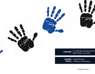 47Programming
PURPOSE
To instill the entrepreneurial
spirit within our youth
Digital literacy
Hands-on innovations
COURSE
TOPICS
 