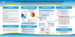 Improving Diabetes Outcomes for High-Utilizing Patients in Camden
ABSTRACT
Goals: The Camden Coalition of Healthcare Providers’ (CCHP) ultimate aim is the reduction of health
care costs through improved care coordination. It targets patients with these specific goals:
1) Identify patients suitable for enrollment through the Camden Health Informaiton Exchange (HIE)
2) Use of a Care Transitions outreach team for home assessment and effective transition from the hospital
3) Improve clinical outcomes and process measures such as attendance to DSME classes and improved
adherence to primary care visits
4) Decreased rates of ER and hospital use
Method: Patients with excess ER and inpatient hospital admissions were identified for the program
through the Camden Health Information Exchange (HIE). Patients who meet the criteria are enrolled at
bedside for a 30-90 day intensive care coordination intervention.
Target Population: Camden City residents with at least two ER visits or hospital admissions
within 6 months and chronic co-morbidities.
Outcome Measures: Measuring clinical outcomes such as: HbA1c, lipids and blood pres-
sure; number of patients attending DSME; reduction in the number of preventable hospitalizations.
Evaluation Results: In a six year period (2002-2008), a total of 7,041 patients with diabetes
utilized area ER and hospitals for a total of 62,560 visits. Charges totaled $1,550,429,036.37 with re-
ceipts of $203,716,769.83. Among several patients, there was a dramatic decline of ER and hospital utili-
zation from pre-enrollment to post-enrollment, some without any utilization.
Preliminary analysis shows that of the 25 patients enrolled in the Care Transitions program, approximately
25% have diabetes as a comorbidity. For n=21 patients, there was a 57% decrease in both ER and ospi-
tal utilization post-enrollment. For ER utilizations, there was an average of $925 per month of charges
before enrollment and $0 per month after enrollment while for in-patient admissions, there was an aver-
age of $22,225 per month of charges before enrollment and $0 per month after enrollment in the pro-
gram.
INTERVENTION RESULTS
FACILITATING/HINDERING
FACTORS
TARGET POPULATION
Data from a Camden City Comprehensive Health Database (July 2002 - June 2008)
17.0%
08102
15.6%
08103
12.7%
08105
11.6%
08104
percent of population with at least 1 visit
Visits by Diabetics by ZIP
Visits by Diabetics by Hospital
Cooper
31,814
OLOL
22,897
Virtua
7,849
11.6% - 12.7%
15.6%
17.0%
E.D.
Visits
Inpatient
Visits % Inpatient
Diabetes 39,946 22,610 57%
Overall 386,093 79,088 20%
Visits Patients Visits /
Patient
Diabetes 62,560 7,041 8.89
Overall 465,203 103,706 4.49
Number
ofVisits
Total
Visits
Total
Patients Charges
1 to 10 22,075 5,270 $674,344,336.42
11 to 20 16,134 1,126 $431,920,873.45
Over 20 24,351 645 $444,163,826.50
Receipts
$92,597,330.57
$55,148,779.38
$55,970,659.88
TOTAL 62,560 7,041 $1,550,429,036.37 $203,716,769.83
Facilitating Factors:
• Longitudinal relationship based on rapport and trust between patients and outreach team
• Having a proactive holistic model of care that is focused on respect and non-judgment
• Strong relationship and support from community partnerships
• Community-based problem-solving
Hindering Factors:
• Patient barriers such as language, insurance, readiness for behavior change, and food security
• Scheduling follow-up appointments within one week with primary care
• Tracking down at-risk patients
Transitions of Care Guiding Principles:
• Enroll patients based on data: history of repeat admissions (high cost) and specific inclusion criteria
• Provide immediate and intensive follow-up coordination post-discharge; connect patient to PCP as
quickly as possible (target = 7 days post-discharge)
• Dramatically improve the relationship between patient and PCP
• Equal focus of intervention on health coaching
Outreach Team Composition:
High Risk Outreach Team Intermediate Risk Outreach Team
RN RN
MA LPN
Social Worker Health Coaches
Health Coaches
Patient Selection:
• History of 2+ admissions within past 6 months
• History of chronic disease related admits
• Socially stable
• Rule-out criteria
o Oncology
o Pregnancy
o Acute Trauma
o Psych only diagnosis
o Surgical Operation
Division of Work (0-30 days post)
Nursing Health Coaches
Clinical assessment Make appointments
Medication reconciliation Transportation enrollment &
training
Establish care plan; identify patient
goals
Nutritional support AND food
security
Accompanied PCP and specialty
care follow up appointments
Mobility assistance
Follow-up home visits; care
provider reinforcement
Accompaniment
Establish Health Coach plan for
second phase
Division of Work (30-90 days post)
Nursing Health Coaches
Medication reconciliation Logistics: make own
appointments, arrange own
transportation, access specialty
care
Chronic disease maintenance Disease self management:
awareness of chronic disease
maintenance, can communicate
with provider(s) and navigate an
agenda
Handle readmissions Social skills: can find resources, life
management skills
Schedule hand-off appointment;
graduation to PCP
Ongoing social support
Care Transitions time-
line and workflow.
Patients are identified as candidates for the
program through a daily feed from the Health
Information Exchange.
INTRODUCTION
Preliminary Analysis:
• 25% of patients (n=21) enrolled in Care Transitions have diabetes as a co-morbidity
• There was a 57% decrease in both ER and hospital utilization post-enrollment across all patients
• ER utilizations decreased from an average of $925/month of charges to $0 per month after
enrollment
• In-patient admissions decreased from an average of $22,225 per month of charges to $0 per
month after enrollment
Patient Utilization EKG*
*Utilization EKG’s are used to graphically represent patient ER and in-
patient hospital utilization and cost for individual patients. This example
shows a diabetic patient whose utilization fell to zero after being enrolled
in the Care Transitions program.
The Care Transitions Program has been successful in reducing both ER visits and in-patient hospitalizations. This
has been accomplished by strong team dynamic, benchmarking progress, standardizing discharge plans, and
quick and intense follow-up post-discharge. Our success also underscores the importance of a trusting healing
relationship between provider and patient and the ability to coordinate across a number of public services and
medical offices.
CONCLUSION
CCHP is a nine-year old strategic initiative with a mission to improve the quality, capacity, and ac-
cessibility of the healthcare system for vulnerable populations in Camden, NJ. In 2011 the Care Transi
tions Program, borne out of the Care Management Project, was created. It is a 30-90 day intervention
targeting high cost, medically complex patients. These patients lack consistent primary care; often
suffer from chronic co-morbidities, including diabetes. This is a report on the process and current out
comes of the Care Transition outreach teams (consisting of a Registered Nurse, Licensed Professional
Nurse and AmeriCorps health coaches) and their impact on the healthcare delivery in Camden.
Steven Kaufman MD; Nadia Ali MPA; Victoria DeFiglio RN, BSN; Jason Turi RN, MPH; Maechiel Lluz
 