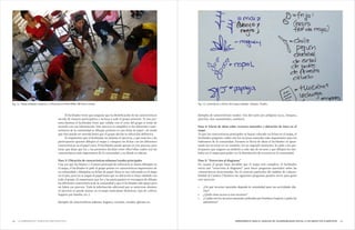 4544 HERRAMIENTA PARA EL ANÁLISIS DE VULNERABILIDAD SOCIAL A LOS IMPACTOS CLIMÁTICOSLa Herramienta. Ejercicios participativos
	 El facilitador tiene que asegurar que la identificación de las características
suceda de manera participativa e incluya a todo el grupo presente. Si una per-
sona domina el facilitador tiene que validar con el resto del grupo si están de
acuerdo con esa información. Este proceso se simplifica si las diferentes carac-
terísticas de la comunidad se dibujan primero en una ficha de papel , de modo
que ésta pueda ser movida hasta que el grupo decida su ubicación definitiva.
	 Es importante que el facilitador no domine el ejercicio, y que sean los y las
participantes quienes dibujen el mapa y coloquen las fichas con las diferentes
características en el papel carta. El facilitador puede apoyar en este proceso, pero
tiene que dejar que los y las presentes decidan entre ellos/ellas cuáles son las
características más importantes de la comunidad y en dónde se ubican.
Paso 3: Ubicación de características urbanas/rurales principales
Una vez que los límites y el punto principal de referencia se hayan dibujado en
el mapa, el facilitador le pide al grupo pensar en características importantes de
su comunidad y dibujarlas en fichas de papel. Éstas se van colocando en el mapa
en el piso, pero no se pegan al papel hasta que su ubicación se haya validado con
todo el grupo. Es importante que los y las participantes se encarguen de dibujar
las diferentes características de la comunidad y que el facilitador sólo apoye pero
no lidere ese proceso. Toda la información adicional que se mencione durante
el ejercicio se puede anotar en el mapa (anécdotas históricas, tipo de cultivo,
hogares por familia, etc.).
Ejemplos de características urbanas: hogares, escuelas, tiendas, iglesias etc.
Ejemplos de características rurales: Uso del suelo por polígono (p.ej., bosques,
parcelas, ríos, manantiales, caminos).
Paso 4: Lluvia de ideas sobre recursos naturales y ubicación de éstos en el
mapa
Ya que las características principales se hayan colocado en fichas en el mapa, el
facilitador pregunta cuáles son los recursos naturales más importantes para los
habitantes de la comunidad. Durante la lluvia de ideas el facilitador va apun-
tando los recursos en un rotafolio. En un segundo momento, les pide a los par-
ticipantes que asignen un símbolo a cada tipo de recurso y que dibujen los sím-
bolos en el mapa para poder ver la distribución de recursos en la comunidad.
Paso 5: “Entrevista al diagrama”
En cuanto el grupo haya decidido que el mapa está completo, el facilitador
inicia una “entrevista al diagrama” para hacer preguntas puntuales sobre las
características mencionadas. En el contexto particular del análisis de vulnera-
bilidad al Cambio Climático las siguientes preguntas pueden servir para guiar
este ejercicio:
»» ¿De qué recursos naturales depende la comunidad para sus actividades dia-
rias?
»» ¿Quién tiene acceso a esos recursos?
»» ¿Cuáles son los recursos naturales utilizados por hombres/mujeres y quién los
administra?
Fig. 12. Leyenda de cultivos del mapa hablado. Xalepec, Puebla.Fig. 11. Mapa hablado, mujeres, La Plazuela en Peña Miller, RB Sierra Gorda.
 