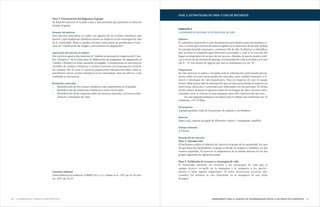5756 HERRAMIENTA PARA EL ANÁLISIS DE VULNERABILIDAD SOCIAL A LOS IMPACTOS CLIMÁTICOSLa Herramienta. Ejercicios participativos
Paso 7: Presentación del diagrama al grupo
Al final del ejercicio se le pide a una o más personas que presenten la línea de
tiempo al grupo.
Después del ejercicio
Este ejercicio determina ya cuáles son algunos de los eventos climáticos más
fuertes y qué tendencias climáticas tienen un impacto en las estrategias de vida
de la comunidad. Éstas se pueden retomar como punto de partida para el ejer-
cicio de “clasificación de riesgos y mecanismos de adaptación”.
Aportación del ejercicio al análisis
Este ejercicio aporta directamente al “análisis situacional de impactos del Cam-
bio Climático” de la Guía para la elaboración de programas de adaptación al
Cambio Climático en áreas naturales protegidas. Complementa la información
científica de cambios climáticos y eventos extremos con la perspectiva local de
los mismos. Por lo tanto el ejercicio proporciona información sobre cómo se
percibieron ciertos eventos climáticos en la comunidad, cómo les afectó y si ha
cambiado su frecuencia.
Resultados esperados
•	 Identificación de los eventos climáticos más importantes en el pasado.
•	 Identificación de tendencias climáticas a través de los años.
•	 Identificación de los impactos sobre los recursos naturales, servicios ecosis-
témicos y estrategias de vida.
Literatura adicional
Líneas históricas de tendencias: ICIMOD, 2011, p.11; Selener et al., 1997, pp.29-34; Geil-
fus, 1997, pp. 54-55
EJERCICIO 5
CALENDARIO ESTACIONAL DE ESTRATEGIAS DE VIDA
Objetivo
El calendario estacional es una herramienta participativa para documentar ci-
clos y eventos que ocurren de manera regular en el transcurso de un año. Refleja
el concepto local de estaciones y comienzo/fin de año. El objetivo es identificar
qué recursos se requieren para diferentes actividades y cuál es la reacción del
hogar en situaciones de escasez de ese recurso. Además, la matriz ayuda a indi-
car, a través de un sistema de puntaje, la intensidad de cada actividad en el mes
(de 0 - 3). Los niveles de ingreso por mes se simbolizan con un “$”.
Preparativos
En este ejercicio se aspira a recopilar toda la información mencionada previa-
mente sobre recursos (principalmente naturales, pero también humanos y fí-
sicos) y estrategias de vida importantes. Para no empezar de cero el equipo
técnico debe juntar toda la información que se haya mencionado al respecto en
entrevistas, ejercicios y conversaciones informales con las personas. En fichas
de dos colores distintos se apuntan todas las estrategias de vida y recursos men-
cionados; estos se colocan en una mampara antes del comienzo del ejercicio.
	 En una segunda mampara con papel carta se dibuja una cuadrícula con 13
columnas y 10-15 filas.
Participantes
2 grupos grandes (más de 5 personas) de mujeres y de hombres.
Material
Papel carta, tarjetas de papel de diferentes colores, 2 mamparas, rotafolio.
Tiempo estimado
2.5 horas
Descripción del ejercicio
Paso 1: Introducción
El facilitador explica el objetivo del ejercicio al grupo de la comunidad. En caso
de que haya dos facilitadores, el grupo se divide en mujeres y hombres, en dos
cuartos separados. El ejercicio se implementa de la misma manera en los dos
grupos siguiendo los siguientes pasos.
Paso 2: Validación de recursos y estrategias de vida
El facilitador presenta los recursos y las estrategias de vida que el
equipo técnico recopiló en la mampara y le pregunta a los partici-
pantes si falta alguno importante. Si estos mencionan recursos adi-
cionales, los mismos se van colocando en la mampara en una ficha
de papel.
FASE 3: ESTRATEGIAS DE VIDA Y USO DE RECURSOS
 