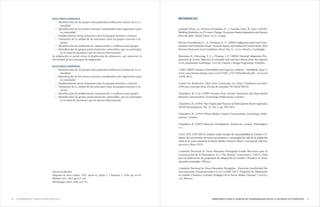 7372 HERRAMIENTA PARA EL ANÁLISIS DE VULNERABILIDAD SOCIAL A LOS IMPACTOS CLIMÁTICOSLa Herramienta. Ejercicios participativos
RESULTADOS ESPERADOS
•	 Identificación de los grupos más poderosos/influyentes dentro de la co-
munidad
•	 Identificación de los actores externos considerados más importantes para
la comunidad
•	 Establecimiento de las relaciones entre los grupos internos y externos
•	 Valoración de la calidad de las relaciones entre los grupos externos e in-
ternos
•	 Identificación de problemas de comunicación y conflictos entre grupos
•	 Identificación de grupos particularmente vulnerables, que no participan
en la toma de decisiones que les afectan directamente
de adaptación se puede evitar la duplicación de esfuerzos y así, aumentar la
efectividad de las estrategias de adaptación.
RESULTADOS ESPERADOS
•	 Identificación de los grupos más poderosos/influyentes dentro de la co-
munidad
•	 Identificación de los actores externos considerados más importantes para
la comunidad
•	 Establecimiento de las relaciones entre los grupos internos y externos
•	 Valoración de la calidad de las relaciones entre los grupos externos e in-
ternos
•	 Identificación de problemas de comunicación y conflictos entre grupos
•	 Identificación de grupos particularmente vulnerables, que no participan
en la toma de decisiones que les afectan directamente
Literatura adicional
Diagrama de Venn: Geilfus, 1997, pp.40-41; Ojeda, S. y Retolaza, I., 1999, pp. 42-45;
PRODAF-GTZ, 1994, pp.117-120
Metodologia: Jones, 1995, p.27-31
REFERENCIAS
Andrade Pérez, A., Herrera Fernández, B. y Cazzolla Gatti, R. (eds.) (2010).
Building Resilience to Cli-mate Change: Ecosystem-based adaptation and lessons
from the field. Gland, Suiza: IUCN. 164pp.
Borrini-Feyerabend, G., A., Kothariy G. O. (2004) Indigenous and Local Com-
munities and Protected Areas: Towards Equity and Enhanced Conservation. Best
Practice Protected Area Guidelines Series No.11. UICN: Gland y Cambridge.
Broersma, K., Downing, T. E. y Thomas, J.-P. (2004) National Adaptation Pro-
grammes of Action. Selection of examples and exercises drawn from the regional
NAPA preparation workshops. UNITAR Climate Change Programme: Ginebra.
CARE (2009) Climate Vulnerability and Capacity Analysis – Handbook. http://
www.careclimatechange.org/cvca/CARE_CVCAHandbook.pdf. Accessed
10.03.2012
Center for Resilience, Ohio State University, en: http://resilience.osu.edu/
CFR-site/concepts.htm, (Fecha de consulta: 25/Abril/2014).
Chambers, R. et al. (1989) Farmers First: Farmer Innovation and Agricultural
Research. Intermediate Technology Publications: Londres.
	
Chambers, R. (1994) The Origins and Practice of Participatory Rural Appraisal,
World Development, Vol. 22, No.7, pp. 953-969.
Chambers, R. (1997) Whose Reality Counts? Intermediate Technology Publi-
cations: Londres.
Chambers, R. (2007) Ideas for Development. Earthscan: London, Washington
D.C.
CIAT, IDS, UIP (2012) Análisis multi-escalar de vulnerabilidad al Cambio Cli-
mático de ecosistemas terrestres prioritarios y estrategias de vida de la población
rural en la zona central de la Sierra Madre Oriental, Marco conceptual, informe
ejecutivo. Mayo 2012
Comisión Nacional de Áreas Naturales Protegidas-Fondo Mexicano para la
Conservación de la Naturaleza A.C.-The Nature Conservancy. (2011) Guía
para la elaboración de programas de adaptación al Cambio Climático en áreas
naturales protegidas. México.
Comisión Nacional de Áreas Naturales Protegidas - Deutsche Gesellschaft für
Internationale Zusammenarbeit (GIZ) GmbH 2013. Programa de Adaptación
al Cambio Climático Corredor Ecológico de la Sierra Madre Oriental. CONANP,
GIZ: México.
 