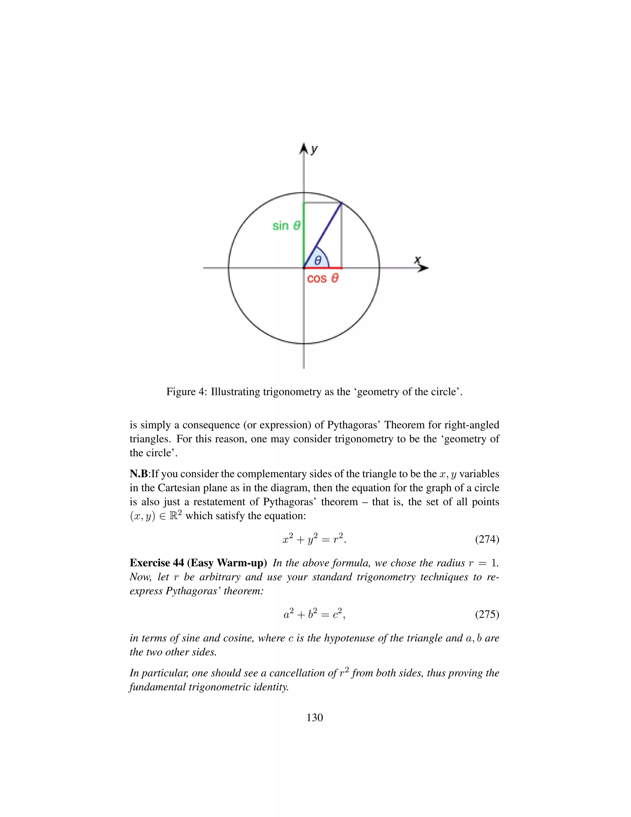 Figure 4: Illustrating trigonometry as the ‘geometry of the circle’.
is simply a consequence (or expression) of Pythagoras’ Theorem for right-angled
triangles. For this reason, one may consider trigonometry to be the ‘geometry of
the circle’.
N.B:If you consider the complementary sides of the triangle to be the x, y variables
in the Cartesian plane as in the diagram, then the equation for the graph of a circle
is also just a restatement of Pythagoras’ theorem – that is, the set of all points
(x, y) ∈ R2 which satisfy the equation:
x2
+ y2
= r2
. (274)
Exercise 44 (Easy Warm-up) In the above formula, we chose the radius r = 1.
Now, let r be arbitrary and use your standard trigonometry techniques to re-
express Pythagoras’ theorem:
a2
+ b2
= c2
, (275)
in terms of sine and cosine, where c is the hypotenuse of the triangle and a, b are
the two other sides.
In particular, one should see a cancellation of r2 from both sides, thus proving the
fundamental trigonometric identity.
130
 