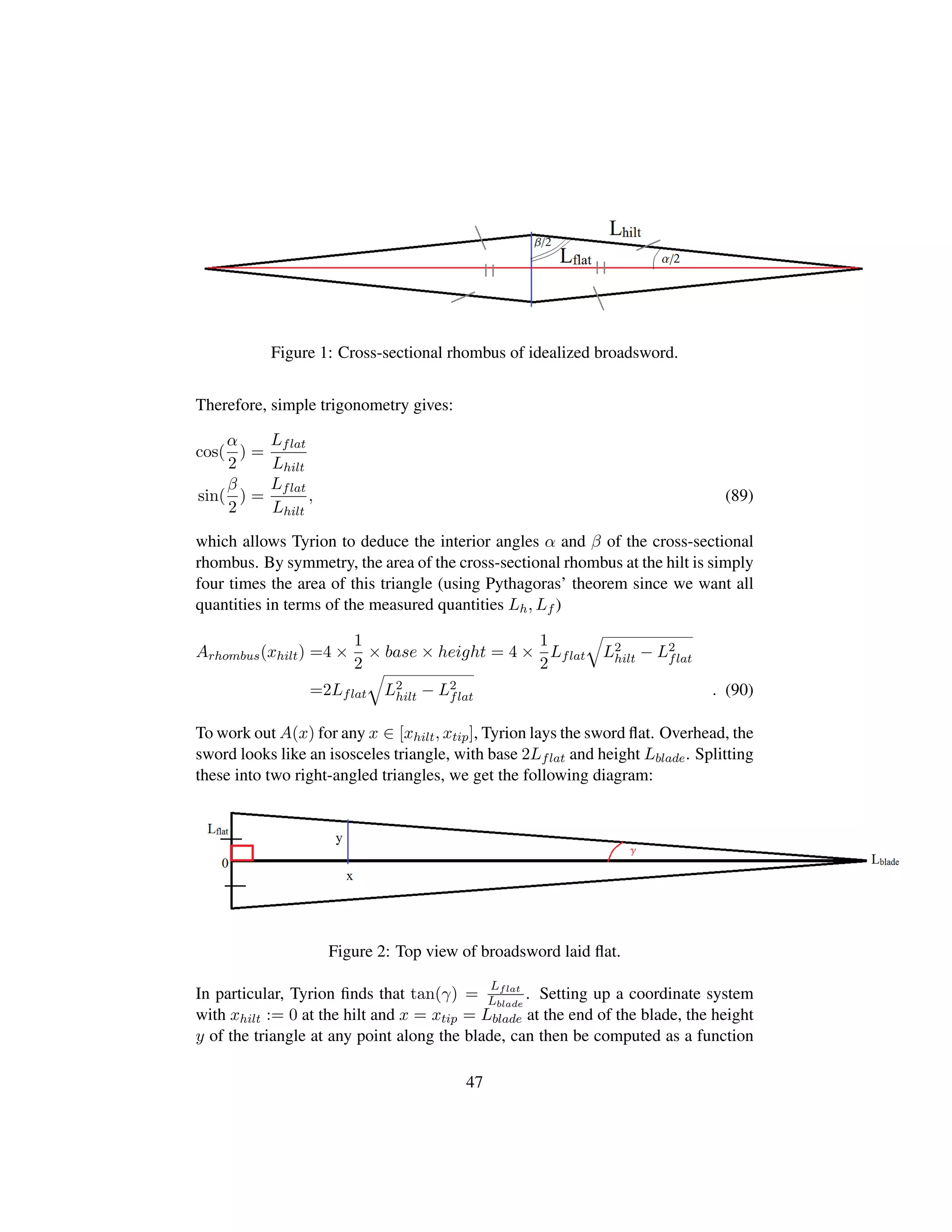 Figure 1: Cross-sectional rhombus of idealized broadsword.
Therefore, simple trigonometry gives:
cos(
α
2
) =
Lflat
Lhilt
sin(
β
2
) =
Lflat
Lhilt
, (89)
which allows Tyrion to deduce the interior angles α and β of the cross-sectional
rhombus. By symmetry, the area of the cross-sectional rhombus at the hilt is simply
four times the area of this triangle (using Pythagoras’ theorem since we want all
quantities in terms of the measured quantities Lh, Lf )
Arhombus(xhilt) =4 ×
1
2
× base × height = 4 ×
1
2
Lflat
˜
L2
hilt − L2
flat
=2Lflat
˜
L2
hilt − L2
flat . (90)
To work out A(x) for any x ∈ [xhilt, xtip], Tyrion lays the sword ﬂat. Overhead, the
sword looks like an isosceles triangle, with base 2Lflat and height Lblade. Splitting
these into two right-angled triangles, we get the following diagram:
Figure 2: Top view of broadsword laid ﬂat.
In particular, Tyrion ﬁnds that tan(γ) =
Lflat
Lblade
. Setting up a coordinate system
with xhilt := 0 at the hilt and x = xtip = Lblade at the end of the blade, the height
y of the triangle at any point along the blade, can then be computed as a function
47
 