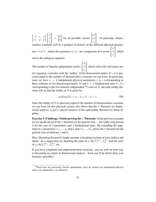 a c e
b d f

!
α
β
γ
(
) =

0
0

for all possible vectors !
α
β
γ
(
). In particular, dimen-
sionless constants will be a product of powers of the different physical parame-
ters: xαyβzγ, where the exponents α, β, γ are components of a vector !
α
β
γ
(
) which
solves the nullspace equation.
The number of linearly independent vectors !
α
β
γ
(
) which solves the null-space ma-
trix equation, coincides with the ‘nullity’ of the dimensional matrix D – it is pre-
cisely equal to the number of dimensionless constants we can form. In particular,
since we have n = 3 independent physical parameters x, y, z corresponding to
three columns of our dimensional matrix D and k = 2 fundamental units U1, U2
corresponding to the two (linearly-independent 14) rows of D, the rank-nullity the-
orem tells us that the nullity of D is given by
nullity(D) = n − k = 3 − 2 = 1. (30)
Since the nullity of D is precisely equal to the number of dimensionless constants
we can form for this physical system, this shows that the π Theorem for dimen-
sional analysis, is just a special instance of the rank-nullity theorem for linear al-
gebra.
Exercise 5 (Challenge: Finish proving the π Theorem) In the previous example,
we set-up the proof of the π theorem for the general case ... but really only proved
it for the case of 3 parameters and 2 fundamental units. By extending the argu-
ment to n parameters x1, ...., xn and k units U1, ..., Uk, prove the π theorem for the
general case of arbitrary n and k.
Hint: Sketching this proof simply amounts to keeping tracking of your indices and
labels. As a suggestion, try denoting the units of x1 by Ua11
1 ...Ua1k
k and the units
of x2 by Ua21
1 ...Ua2k
k etc.
If you have completed and understood these exercises, you are well on your way
to becoming an expert in dimensional analysis. Soon you’ll be better than your
lecturers (possibly).
14
These rows are necessarily linearly independent, since we assume our fundamental physical
units to be independent – by deﬁnition.
21
 