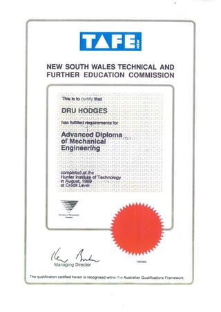 Dru Hodges Advanced Diploma of Mechanical Engineering