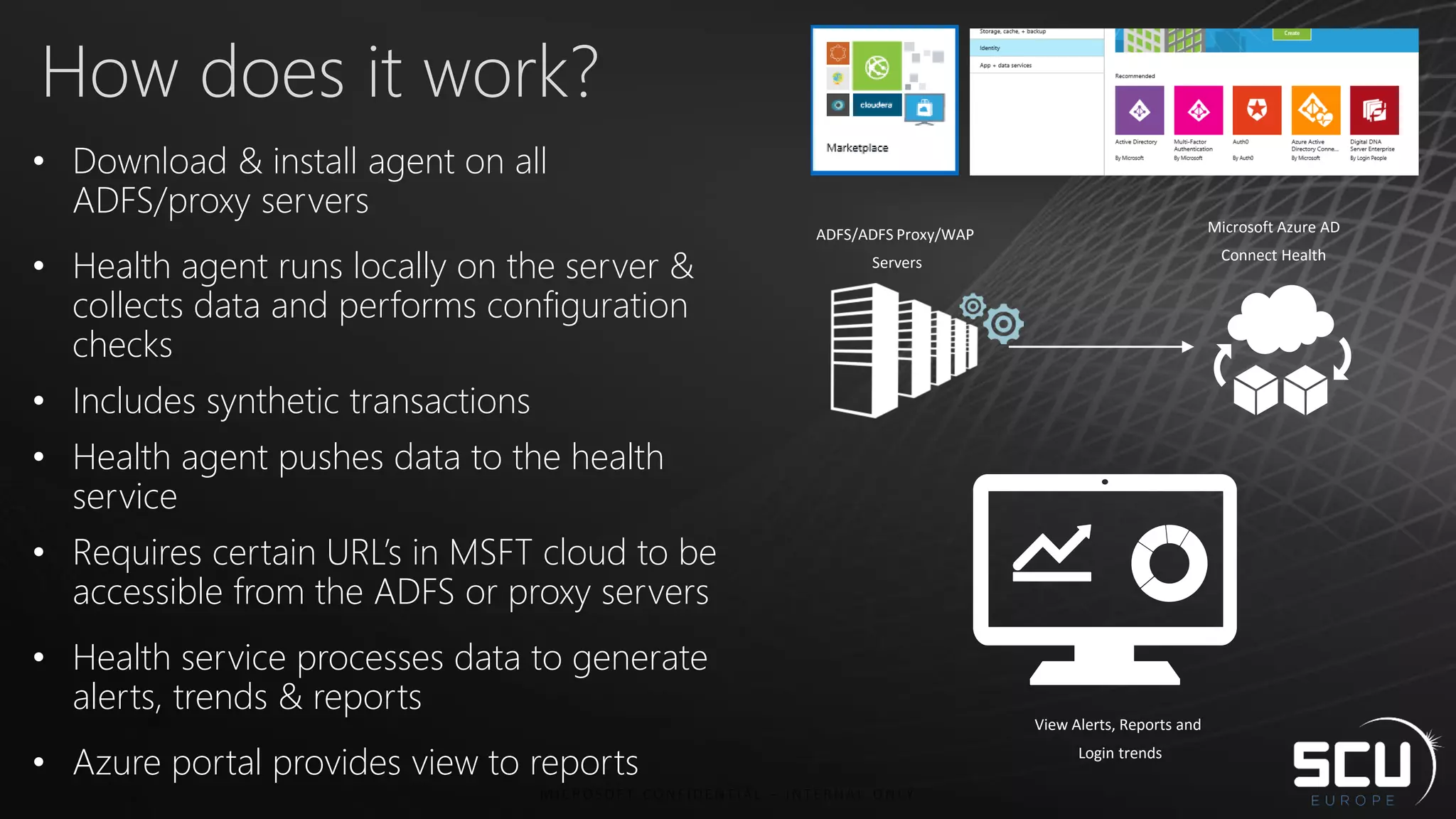 How does it work?
• Download & install agent on all
ADFS/proxy servers
• Health agent runs locally on the server &
collects data and performs configuration
checks
• Includes synthetic transactions
• Health agent pushes data to the health
service
• Requires certain URL’s in MSFT cloud to be
accessible from the ADFS or proxy servers
• Health service processes data to generate
alerts, trends & reports
• Azure portal provides view to reports
ADFS/ADFS Proxy/WAP
Servers
Microsoft Azure AD
Connect Health
View Alerts, Reports and
Login trends
 