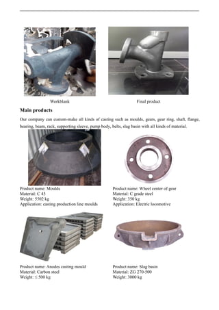 Workblank Final product
Main products
Our company can custom-make all kinds of casting such as moulds, gears, gear ring, shaft, flange,
bearing, beam, rack, supporting sleeve, pump body, belts, slag basin with all kinds of material.
Product name: Moulds Product name: Wheel center of gear
Material: C 45 Material: C grade steel
Weight: 5502 kg Weight: 350 kg
Application: casting production line moulds Application: Electric locomotive
Product name: Anodes casting mould Product name: Slag basin
Material: Carbon steel Material: ZG 270-500
Weight: ≤ 500 kg Weight: 3000 kg
 