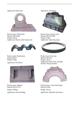 Application: Rotary kiln Application: Metallurgy
Product name: Fitting body Product name: Suction valve
Material:30CrNiMo Material:ZG230-450H
Weight: 300 kg Weight: 510kg
Application: Electric wheel dump truck Application: Taper ring pump
Product name: Bearing base Product name: Gear ring
Material:ZG45 Material:42CrMo
Weight: 459kg Weight: ≤8tons
Application: Pile drawer
Application: Rotary kiln, Grinding
machine, Drying machine
Product name: Supports Product name: Connecting Flange
Material:ZG310-570 Material:16Mn
Weight: 3400 kg Weight: 220 kg
Application: Rail and bridge Application: Hydraulic pile drawer
 