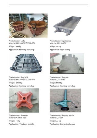 Product name: Ladle Product name: Ingot mould
Material:ZG230-450/ZG310-570 Material:ZG230-450
Weight: 3000kg Weight: 40 kg
Application: Smelting workshop Application: Ingot casting
Product name: Slag ladle Product name: Slag pan
Material:ZG230-450/ZG310-570 Material:QT450-10
Weight: 2500 kg Weight:4800 kg
Application: Smelting workshop Application: Smelting workshop
Product name: Supports Product name: Blowing nozzle
Material: Carbon steel Material:Q345D
Weight: 45kg Weight: 22 kg
Application: Thickener impeller Application: Converting furnace
 