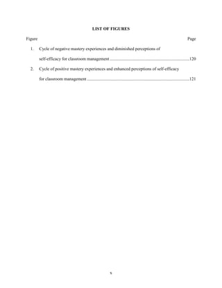 x
LIST OF FIGURES
Figure Page
1. Cycle of negative mastery experiences and diminished perceptions of
self-efficacy for classroom management .........................................................................120
2. Cycle of positive mastery experiences and enhanced perceptions of self-efficacy
for classroom management ..............................................................................................121
 