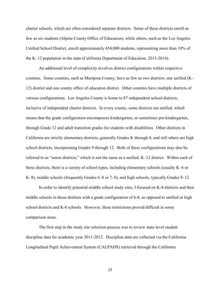 35
charter schools, which are often considered separate districts. Some of these districts enroll as
few as six students (Alpine County Office of Education), while others, such as the Los Angeles
Unified School District, enroll approximately 654,000 students, representing more than 10% of
the K–12 population in the state (California Department of Education, 2013-2014).
An additional level of complexity involves district configurations within respective
counties. Some counties, such as Mariposa County, have as few as two districts: one unified (K–
12) district and one county office of education district. Other counties have multiple districts of
various configurations. Los Angeles County is home to 87 independent school districts,
inclusive of independent charter districts. In every county, some districts are unified, which
means that the grade configuration encompasses kindergarten, or sometimes pre-kindergarten,
through Grade 12 and adult transition grades for students with disabilities. Other districts in
California are strictly elementary districts, generally Grades K through 8, and still others are high
school districts, incorporating Grades 9 through 12. Both of these configurations may also be
referred to as “union districts,” which is not the same as a unified, K–12 district. Within each of
these districts, there is a variety of school types, including elementary schools (usually K–6 or
K–8), middle schools (frequently Grades 6–8 or 7–8), and high schools, typically Grades 9–12.
In order to identify potential middle school study sites, I focused on K-8 districts and then
middle schools in those districts with a grade configuration of 6-8, as opposed to unified or high
school districts and K-8 schools. However, these restrictions proved difficult in some
comparison areas.
The first step in the study site selection process was to review state-level student
discipline data for academic year 2011-2012. Discipline data are collected via the California
Longitudinal Pupil Achievement System (CALPADS) retrieved through the California
 