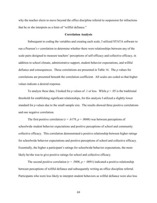69
why the teacher elects to move beyond the office discipline referral to suspension for infractions
that he or she interprets as a form of “willful defiance.”
Correlation Analysis
Subsequent to coding the variables and creating each scale, I utilized STATA software to
run a Pearson’s r correlation to determine whether there were relationships between any of the
scale pairs designed to measure teachers’ perceptions of self-efficacy and collective efficacy, in
addition to school climate, administrative support, student behavior expectations, and willful
defiance and consequences. These correlations are presented in Table 16. The p values for
correlations are presented beneath the correlation coefficient. All scales are coded so that higher
values indicate a desired response.
To analyze these data, I looked for p values of .1 or less. While p < .05 is the traditional
threshold for establishing significant relationships, for this analysis I utilized a slightly lower
standard for p values due to the small sample size. The results showed three positive correlations
and one negative correlation.
The first positive correlation (r = .6179, p = .0048) was between perceptions of
schoolwide student behavior expectations and positive perceptions of school and community
collective efficacy. This correlation demonstrated a positive relationship between higher ratings
for schoolwide behavior expectations and positive perceptions of school and collective efficacy.
Essentially, the higher a participant’s ratings for schoolwide behavior expectations, the more
likely he/she was to give positive ratings for school and collective efficacy.
The second positive correlation (r = .5808, p = .0091) indicated a positive relationship
between perceptions of willful defiance and subsequently writing an office discipline referral.
Participants who were less likely to interpret student behaviors as willful defiance were also less
 