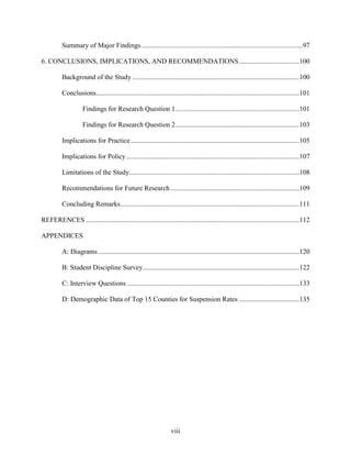 viii
Summary of Major Findings..............................................................................................97
6. CONCLUSIONS, IMPLICATIONS, AND RECOMMENDATIONS...................................100
Background of the Study .................................................................................................100
Conclusions......................................................................................................................101
Findings for Research Question 1........................................................................101
Findings for Research Question 2........................................................................103
Implications for Practice..................................................................................................105
Implications for Policy.....................................................................................................107
Limitations of the Study...................................................................................................108
Recommendations for Future Research...........................................................................109
Concluding Remarks........................................................................................................111
REFERENCES ............................................................................................................................112
APPENDICES
A: Diagrams.....................................................................................................................120
B: Student Discipline Survey...........................................................................................122
C: Interview Questions ....................................................................................................133
D: Demographic Data of Top 15 Counties for Suspension Rates ...................................135
 