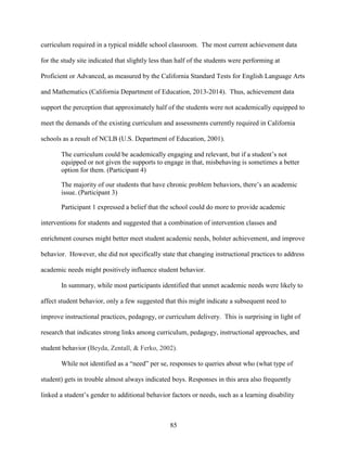 85
curriculum required in a typical middle school classroom. The most current achievement data
for the study site indicated that slightly less than half of the students were performing at
Proficient or Advanced, as measured by the California Standard Tests for English Language Arts
and Mathematics (California Department of Education, 2013-2014). Thus, achievement data
support the perception that approximately half of the students were not academically equipped to
meet the demands of the existing curriculum and assessments currently required in California
schools as a result of NCLB (U.S. Department of Education, 2001).
The curriculum could be academically engaging and relevant, but if a student’s not
equipped or not given the supports to engage in that, misbehaving is sometimes a better
option for them. (Participant 4)
The majority of our students that have chronic problem behaviors, there’s an academic
issue. (Participant 3)
Participant 1 expressed a belief that the school could do more to provide academic
interventions for students and suggested that a combination of intervention classes and
enrichment courses might better meet student academic needs, bolster achievement, and improve
behavior. However, she did not specifically state that changing instructional practices to address
academic needs might positively influence student behavior.
In summary, while most participants identified that unmet academic needs were likely to
affect student behavior, only a few suggested that this might indicate a subsequent need to
improve instructional practices, pedagogy, or curriculum delivery. This is surprising in light of
research that indicates strong links among curriculum, pedagogy, instructional approaches, and
student behavior (Beyda, Zentall, & Ferko, 2002).
While not identified as a “need” per se, responses to queries about who (what type of
student) gets in trouble almost always indicated boys. Responses in this area also frequently
linked a student’s gender to additional behavior factors or needs, such as a learning disability
 