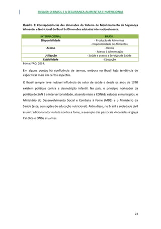 ENSAIO: O BRASIL E A SEGURANÇA ALIMENTAR E NUTRICIONAL
24
Quadro 1: Correspondências das dimensões do Sistema de Monitoramento de Segurança
Alimentar e Nutricional do Brasil às Dimensões adotadas internacionalmente.
INTERNACIONAL BRASIL
Disponibilidade - Produção de Alimentos
- Disponibilidade de Alimentos
Acesso - Renda
- Acesso à Alimentação
Utilização - Saúde e acesso a Serviços de Saúde
Estabilidade - Educação
Fonte: FAO, 2014.
Em alguns pontos há confluência de termos, embora no Brasil haja tendência de
especificar mais em certos aspectos.
O Brasil sempre teve notável influência do setor de saúde e desde os anos de 1970
existem políticas contra a desnutrição infantil. No país, o princípio norteador da
política de SAN é a intersertorialidade, atuando nisso a CONAB, estados e municípios, o
Ministério do Desenvolvimento Social e Combate à Fome (MDS) e o Ministério da
Saúde (este, com ações de educação nutricional). Além disso, no Brasil a sociedade civil
é um tradicional ator na luta contra a fome, a exemplo das pastorais vinculadas a Igreja
Católica e ONGs atuantes.
 