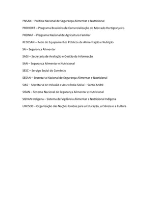 PNSAN – Política Nacional de Segurança Alimentar e Nutricional
PROHORT – Programa Brasileiro de Comercialização do Mercado Hortigranjeiro
PRONAF – Programa Nacional de Agricultura Familiar
REDESAN – Rede de Equipamentos Públicos de Alimentação e Nutrição
SA – Segurança Alimentar
SAGI – Secretaria de Avaliação e Gestão da Informação
SAN – Segurança Alimentar e Nutricional
SESC – Serviço Social do Comércio
SESAN – Secretaria Nacional de Segurança Alimentar e Nutricional
SIAS – Secretaria de Inclusão e Assistência Social – Santo André
SISAN – Sistema Nacional de Segurança Alimentar e Nutricional
SISVAN Indígena – Sistema de Vigilância Alimentar e Nutricional Indígena
UNESCO – Organização das Nações Unidas para a Educação, a Ciência e a Cultura
 
