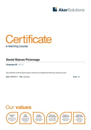 This certificate confirms that the above named has completed the following e-learning course:
Date Title ScoreJust Care
248707
70
Daniel Razvan Picioroaga
08/08/2013
 
