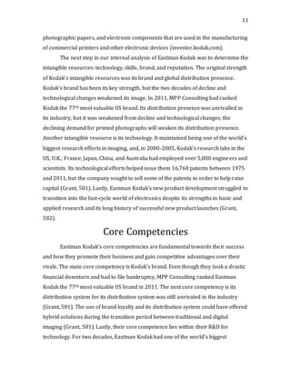 11
photographic papers, and electronic components that are used in the manufacturing
of commercial printers and other electronic devices (investor.kodak.com).
The next step in our internal analysis of Eastman Kodak was to determine the
intangible resources: technology, skills, brand, and reputation. The original strength
of Kodak’s intangible resources was its brand and global distribution presence.
Kodak’s brand has been its key strength, but the two decades of decline and
technological changes weakened its image. In 2011, MPP Consulting had ranked
Kodak the 77th most valuable US brand. Its distribution presence was unrivalled in
its industry, but it was weakened from decline and technological changes; the
declining demand for printed photographs will weaken its distribution presence.
Another intangible resource is its technology. It maintained being one of the world’s
biggest research efforts in imaging, and, in 2000-2005, Kodak’s research labs in the
US, U.K., France, Japan, China, and Australia had employed over 5,000 engineers and
scientists. Its technological efforts helped issue them 16,760 patents between 1975
and 2011, but the company sought to sell some of the patents in order to help raise
capital (Grant, 581). Lastly, Eastman Kodak’s new product development struggled to
transition into the fast-cycle world of electronics despite its strengths in basic and
applied research and its long history of successful new product launches (Grant,
582).
Core Competencies
Eastman Kodak’s core competencies are fundamental towards their success
and how they promote their business and gain competitive advantages over their
rivals. The main core competency is Kodak’s brand. Even though they took a drastic
financial downturn and had to file bankruptcy, MPP Consulting ranked Eastman
Kodak the 77th most valuable US brand in 2011. The next core competency is its
distribution system for its distribution system was still unrivaled in the industry
(Grant, 581). The use of brand loyalty and its distribution system could have offered
hybrid solutions during the transition period between traditional and digital
imaging (Grant, 581). Lastly, their core competence lies within their R&D for
technology. For two decades, Eastman Kodak had one of the world’s biggest
 