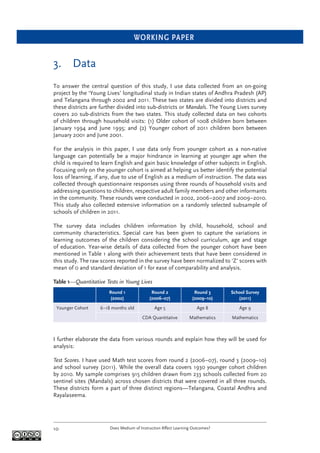 WORKING PAPER
Does Medium of Instruction Affect Learning Outcomes?10
3. Data
To answer the central question of this study, I use data collected from an on-going
project by the ‘Young Lives’ longitudinal study in Indian states of Andhra Pradesh (AP)
and Telangana through 2002 and 2011. These two states are divided into districts and
these districts are further divided into sub-districts or Mandals. The Young Lives survey
covers 20 sub-districts from the two states. This study collected data on two cohorts
of children through household visits: (1) Older cohort of 1008 children born between
January 1994 and June 1995; and (2) Younger cohort of 2011 children born between
January 2001 and June 2001.
For the analysis in this paper, I use data only from younger cohort as a non-native
language can potentially be a major hindrance in learning at younger age when the
child is required to learn English and gain basic knowledge of other subjects in English.
Focusing only on the younger cohort is aimed at helping us better identify the potential
loss of learning, if any, due to use of English as a medium of instruction. The data was
collected through questionnaire responses using three rounds of household visits and
addressing questions to children, respective adult family members and other informants
in the community. These rounds were conducted in 2002, 2006–2007 and 2009–2010.
This study also collected extensive information on a randomly selected subsample of
schools of children in 2011.
The survey data includes children information by child, household, school and
community characteristics. Special care has been given to capture the variations in
learning outcomes of the children considering the school curriculum, age and stage
of education. Year-wise details of data collected from the younger cohort have been
mentioned in Table 1 along with their achievement tests that have been considered in
this study. The raw scores reported in the survey have been normalized to ‘Z’ scores with
mean of 0 and standard deviation of 1 for ease of comparability and analysis.
Table 1—Quantitative Tests in Young Lives
Round 1
(2002)
Round 2
(2006–07)
Round 3
(2009–10)
School Survey
(2011)
Younger Cohort 6–18 months old Age 5 Age 8 Age 9
CDA Quantitative Mathematics Mathematics
I further elaborate the data from various rounds and explain how they will be used for
analysis:
Test Scores. I have used Math test scores from round 2 (2006–07), round 3 (2009–10)
and school survey (2011). While the overall data covers 1930 younger cohort children
by 2010. My sample comprises 915 children drawn from 233 schools collected from 20
sentinel sites (Mandals) across chosen districts that were covered in all three rounds.
These districts form a part of three distinct regions—Telangana, Coastal Andhra and
Rayalaseema.
 