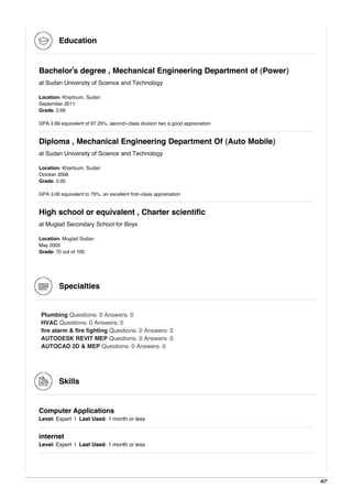 Education
Bachelor's degree , Mechanical Engineering Department of (Power)
at Sudan University of Science and Technology
Location: Khartoum, Sudan
September 2011
Grade: 2.69
GPA 2.69 equivalent of 67.25%, second-class division two a good appreciation
Diploma , Mechanical Engineering Department Of (Auto Mobile)
at Sudan University of Science and Technology
Location: Khartoum, Sudan
October 2008
Grade: 3.00
GPA 3.00 equivalent to 75%, an excellent first-class appreciation
High school or equivalent , Charter scientific
at Muglad Secondary School for Boys
Location: Muglad Sudan
May 2005
Grade: 70 out of 100
Specialties
Plumbing Questions: 0 Answers: 0
HVAC Questions: 0 Answers: 0
fire alarm & fire fighting Questions: 0 Answers: 0
AUTODESK REVIT MEP Questions: 0 Answers: 0
AUTOCAD 2D & MEP Questions: 0 Answers: 0
Skills
Computer Applications
Level: Expert | Last Used: 1 month or less
internet
Level: Expert | Last Used: 1 month or less
4/7
 