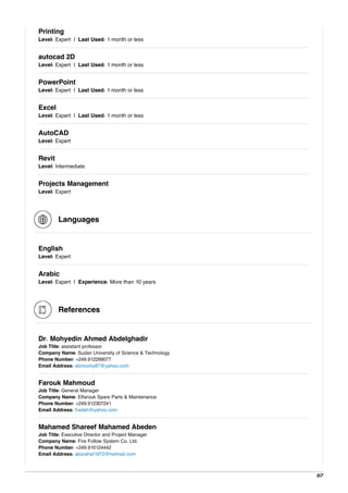 Printing
Level: Expert | Last Used: 1 month or less
autocad 2D
Level: Expert | Last Used: 1 month or less
PowerPoint
Level: Expert | Last Used: 1 month or less
Excel
Level: Expert | Last Used: 1 month or less
AutoCAD
Level: Expert
Revit
Level: Intermediate
Projects Management
Level: Expert
Languages
English
Level: Expert
Arabic
Level: Expert | Experience: More than 10 years
References
Dr. Mohyedin Ahmed Abdelghadir
Job Title: assistant professor
Company Name: Sudan University of Science & Technology
Phone Number: +249.912299077
Email Address: abmoohy87@yahoo.com
Farouk Mahmoud
Job Title: General Manager
Company Name: Elfarouk Spare Parts & Maintenance
Phone Number: +249.912307241
Email Address: fradah@yahoo.com
Mahamed Shareef Mahamed Abeden
Job Title: Executive Director and Project Manager
Company Name: Fire Follow System Co. Ltd.
Phone Number: +249.910124442
Email Address: aborahaf1972@hotmail.com
5/7
 