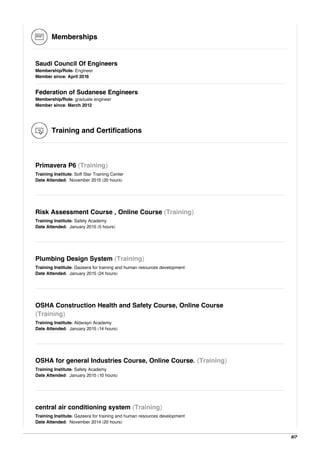 Memberships
Saudi Council Of Engineers
Membership/Role: Engineer
Member since: April 2016
Federation of Sudanese Engineers
Membership/Role: graduate engineer
Member since: March 2012
Training and Certifications
Primavera P6 (Training)
Training Institute: Soft Star Training Center
Date Attended: November 2015 (20 hours)
Risk Assessment Course , Online Course (Training)
Training Institute: Safety Academy
Date Attended: January 2015 (5 hours)
Plumbing Design System (Training)
Training Institute: Gazeera for training and human resources development
Date Attended: January 2015 (24 hours)
OSHA Construction Health and Safety Course, Online Course
(Training)
Training Institute: Aldarayn Academy
Date Attended: January 2015 (14 hours)
OSHA for general Industries Course, Online Course. (Training)
Training Institute: Safety Academy
Date Attended: January 2015 (10 hours)
central air conditioning system (Training)
Training Institute: Gazeera for training and human resources development
Date Attended: November 2014 (20 hours)
6/7
 