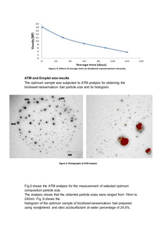 ATM and Droplet size results
The optimum sample was subjected to ATM analysis for obtaining the
biodiesel nanoemulsion fuel particle size and its histogram.
Fig.5 shows the ATM analysis for the measurement of selected optimum
composition particle size.
The analysis shows that the obtained particle sizes were ranged from 18nm to
240nm. Fig. 6 shows the
histogram of the optimum sample of biodiesel nanoemulsion fuel prepared
using nonylphenol and oleic acidsurfactant at water percentage of 24.5%.
 