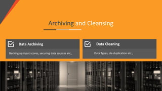 Archiving and Cleansing
Data Archiving Data Cleaning
Backing up input scores, securing data sources etc., Data Types, de-duplication etc.,
 