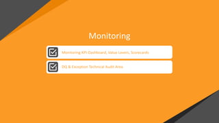 Monitoring
Monitoring KPI-Dashboard, Value Levers, Scorecards
DQ & Exception Technical Audit Area
 