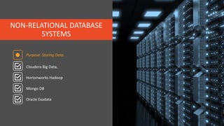 NON-RELATIONAL DATABASE
SYSTEMS
Purpose: Storing Data.
Oracle Exadata
Cloudera Big Data,
Hortonworks Hadoop
Mongo DB
 