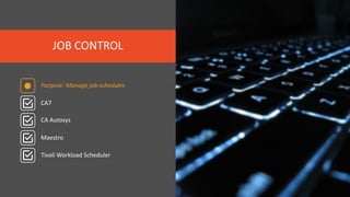 JOB CONTROL
CA7
Purpose: Manage job schedules
Tivoli Workload Scheduler
CA Autosys
Maestro
 