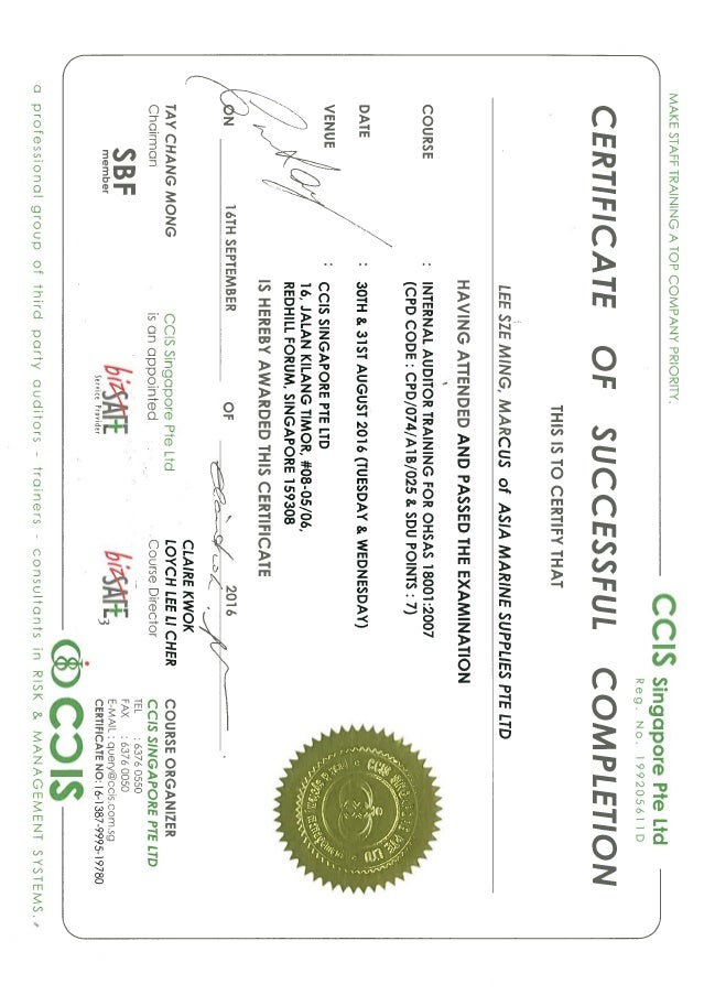 Certificate - Internal Audit For OSHAS 18001_2007