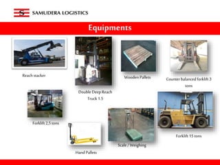 Equipments
Reach stacker
Double DeepReach
Truck1.5
Counterbalanced forklift 3
tons
Forklift 2,5 tons
Forklift 15tons
Scale / Weighing
Wooden Pallets
Hand Pallets
 
