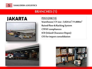 BRANCHES (1)
POS9 (MKTII)
Warehouse/CYsize: 3,024 m2/11,000m2
Raised floor & Racking System
CTPATcompliances
ICD (Inland Clearance Depot)
CFS for import consolidation
 