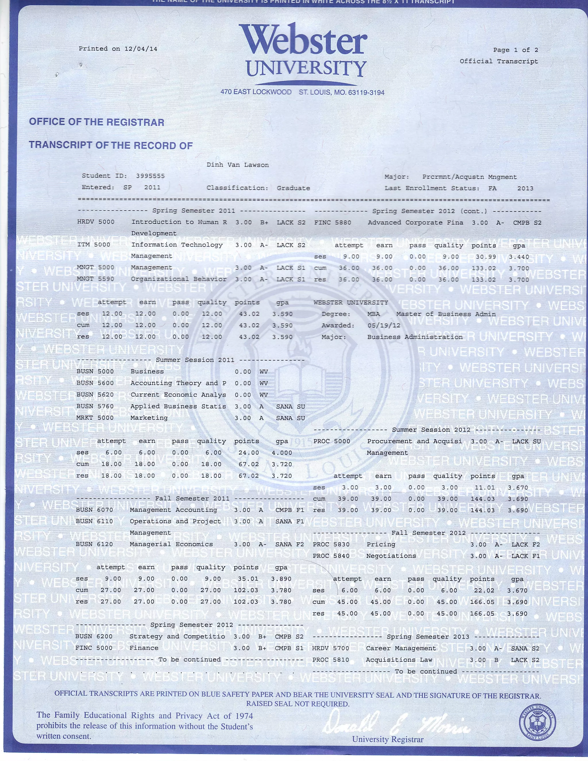 College Transcript MBA and MA | PDF